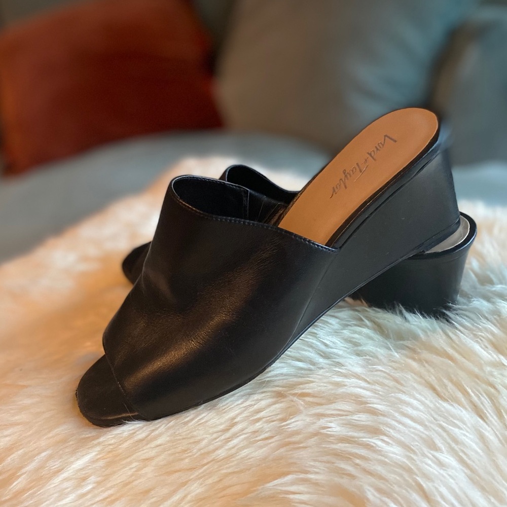 Black leather wedges
